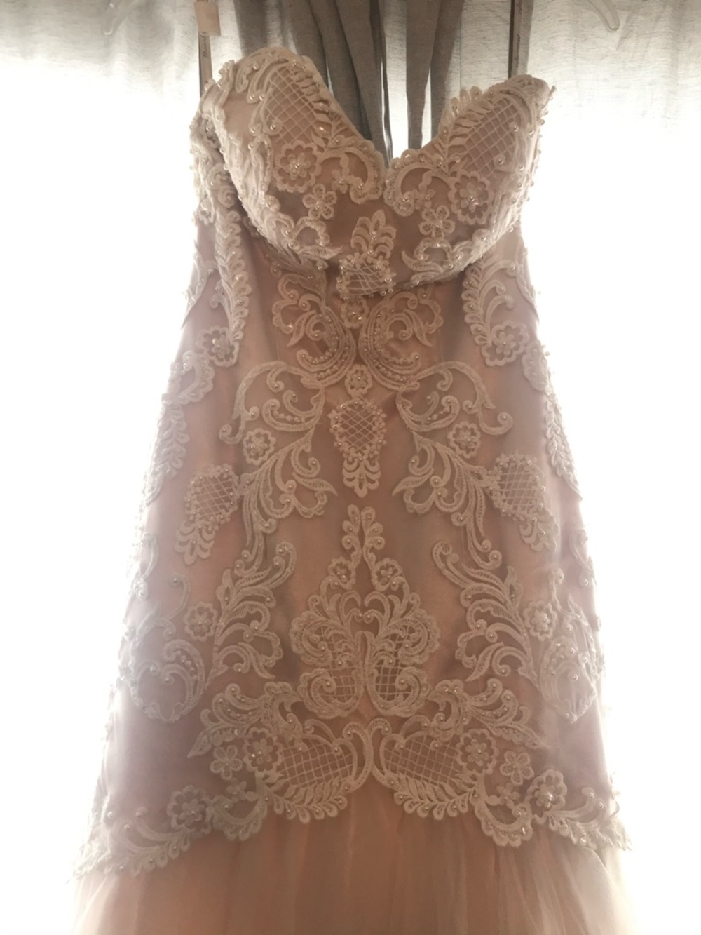 Moonlight Bridal Strapless Lace Appliqué Wedding Dress in Blush and Ivory